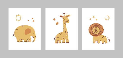 Cute african animal kids: Giraffe, Lion, Elephant. Nursery simple poster, card design set. Hand drawn vector funny character. Primitive cartoon  illustration, decoration element. 