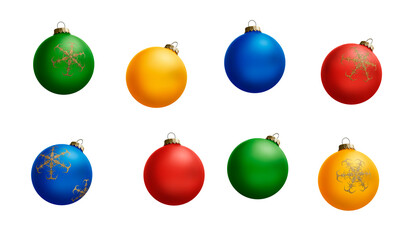 A collection of colourful Christmas Bauble decorations in bright Matte colors isolated against a transparent background.