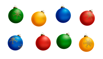 A collection of colourful Christmas Bauble decorations in bright Matte colors isolated against a transparent background.