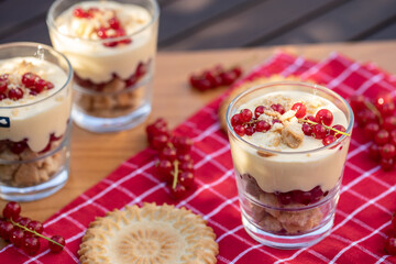 Dessert im Glas mit Johannisbeeren, Vanillecreme und Keks auf einer roten Tischdecke im Sonnenlicht