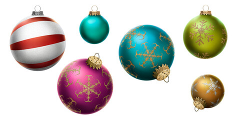Blue, green, gold, pink and red Christmas bauble tree decorations isolated against a transparent...