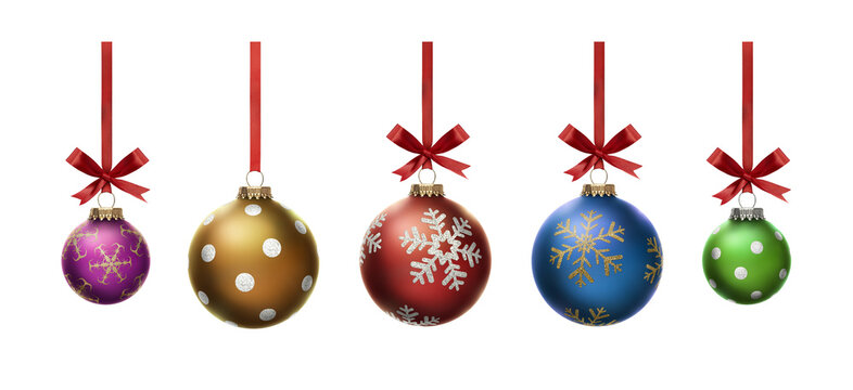 Blue, green, gold, pink and red Christmas bauble tree decorations isolated against a transparent background.
