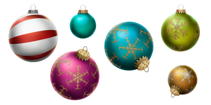 Blue, green, gold, pink and red Christmas bauble tree decorations isolated against a transparent background.