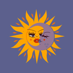 Hand drawn Sun and crescent Moon with faces. Design element, logo template, sticker. Trendy Vector isolated illustration. Celestial drawing for the zodiac, tarot, astrology. Day and night concept