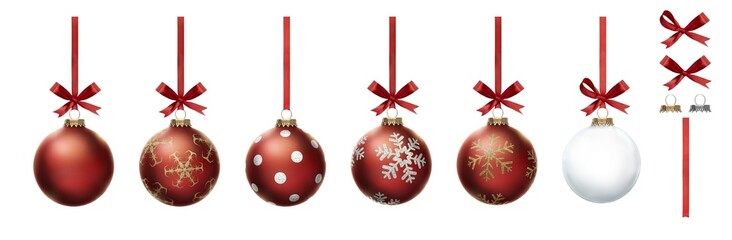 Red Christmas bauble tree decorations with other design elements isolated against a transparent background.. - obrazy, fototapety, plakaty