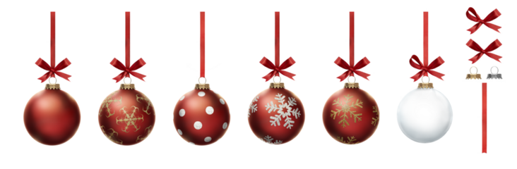Red Christmas bauble tree decorations with other design elements isolated against a transparent background..