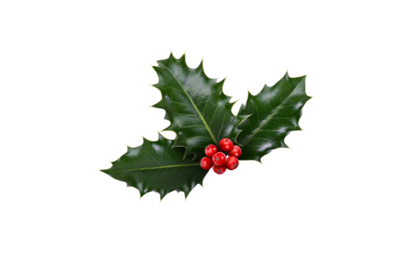 A sprig, three leaves, of green holly and red berries for Christmas decoration isolated against a transparent background.
