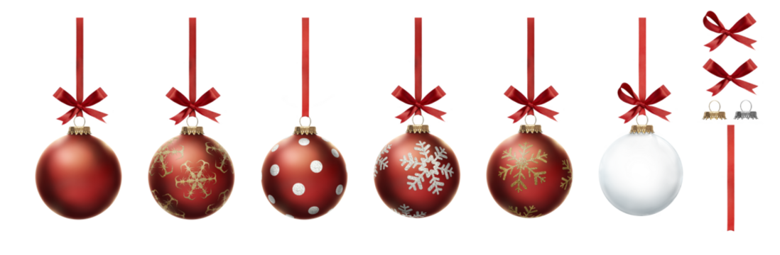 Red Christmas bauble tree decorations with other design elements isolated against a transparent background..