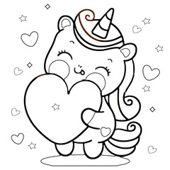 Cute cartoon unicorn. Black and white vector unicorn  illustration for coloring book for kids, Creepy Kawaii , cute pastel Baby unicorn coloring page. unicorn icon
