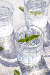 sprudelndes Wasser in einem durchsichtigen Glas mit einem Minzblatt auf einer gemusterten Tischdecke 