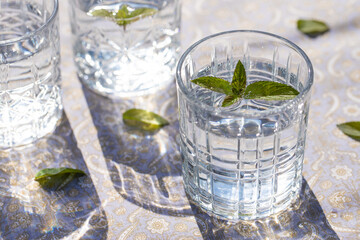 sprudelndes Wasser in einem durchsichtigen Glas mit einem Minzblatt auf einer gemusterten Tischdecke 