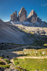 Obraz premium Aerial view of Tre Cime di lavaredo at sunrise, Dolomites