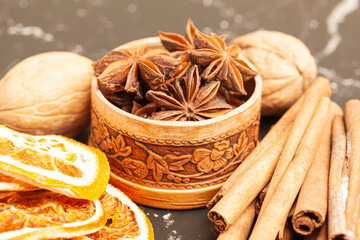 Cinnamon sticks,dried oranges and anise star