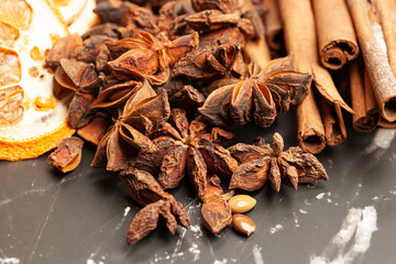 Cinnamon sticks,dried oranges and anise star