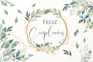 tarjeta o pancarta para desear un feliz cumpleaños en verde en un círculo y un diamante de color dorado con flores y hojas sobre un fondo crudo con ramas de hojas de color verde