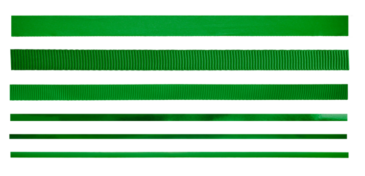 A set of straight green ribbons of different sizes and designs for Christmas and valentines day present wrapping isolated against a transparent background.