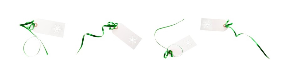 A collection of gift tags and label template with green ribbon attached to add to presents,...