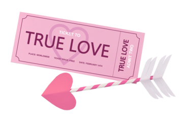 Pink 'True Love' ticket and cupid arrow on blue background. A concept for love and Valentine's day celebration on transparent background