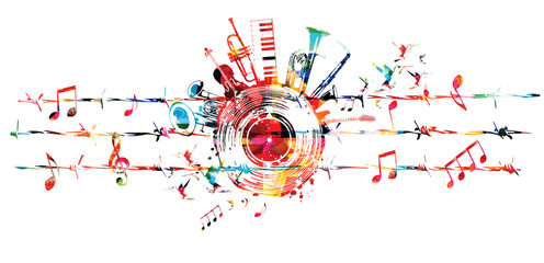  Colorful musical poster with musical instruments and notes attached to barbed wire and isolated vector illustration. Design with vinyl disc for concert events, music festivals and shows, party flyer	
