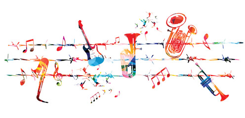  Colorful musical instruments with musical notes attached to barbed wire and isolated vector illustration. Poster for live concert events, music festivals and shows, performances, party flyer  © abstract