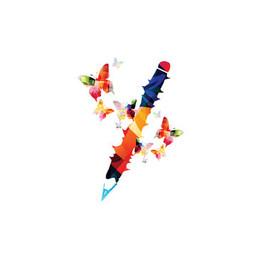 Colorful abstract pencil with butterflies isolated vector illustration. Creative writing concept