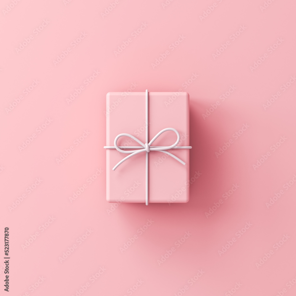 Aufkleber minimal pink gift box with white rope ribbon bow isolated on pink pastel color background with shado