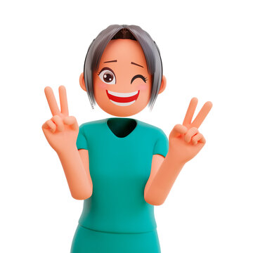 3d illustration cute nurse shows peace sign gesture laughing and smiling posing happy