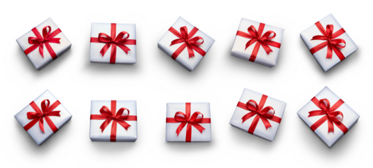 Top view of Christmas, birthday presents wrapped in white paper with red ribbon and bow decoration isolated against a transparent background.