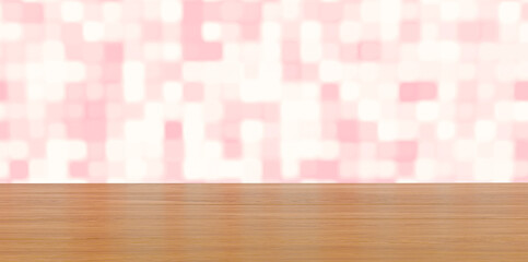 Empty wooden deck table over pink tile wall texture background for present product. 3d rendering illustration.