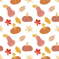 Seamless pattern of stylized orange pumpkins, autumn leaves on light background. Thanksgiving. Maple, oak leaf. Halloween. Autumn. Bright pumpkins.