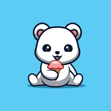Polar Bear Sitting Eating Ice Cream Cute Creative Kawaii Cartoon Mascot Logo