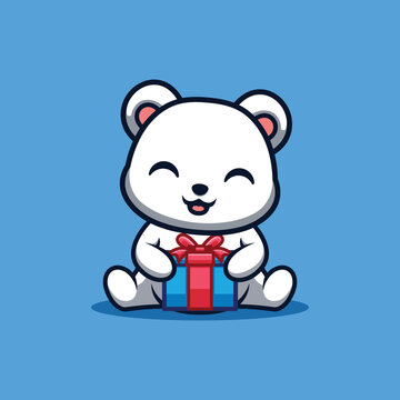Polar Bear Sitting Gift Box Cute Creative Kawaii Cartoon Mascot Logo
