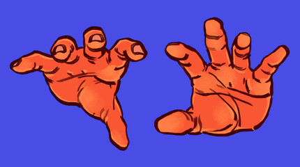 stylized illustration of bright red floating pair of hands reaching out trying to grab something isolated on blue background - obrazy, fototapety, plakaty