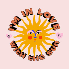 Retro hippie boho styled illustration of the sun character with i'm in love with the sun lettering for t-shirt print or poster design. Vector illustration