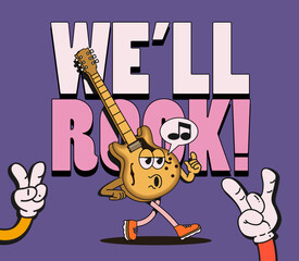 We will rock musical poster or t-shirt print design with cartoon walking character of electric guitar and lettering. Vector illustration