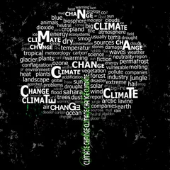 Plexiglas foto achterwand climate change, global warming and environmental conservation, tree shaped, word and tag cloud, vector illustration, isolated on black background © Kirsten Hinte