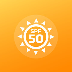 SPF 50 icon with a sun, UV protection vector