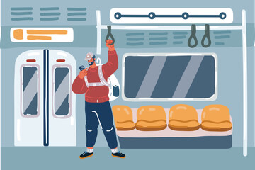 Vector illustration of Afro-American passenger man in subway train, using mobile smart phone uses headphones in public transportation.