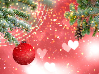 Christmas tree branch and ball with cone and bokeh light heart symbol gold bakcground template copy space