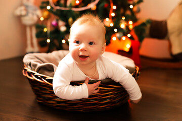 a baby under the tree. the family celebrates Christmas.