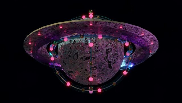 Abstract 3D render futuristic sci-fi construction of shiny sphere lights rings and other objects rotating transforming. Great for scientific, technological, industrial, futuristic, luxury, sci-fi illu