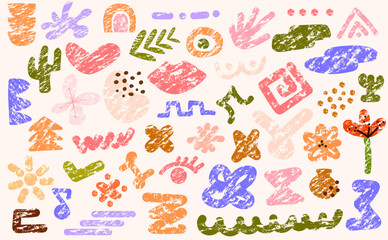 Collection of grunge abstract shapes.Bright retro doodle set for design.