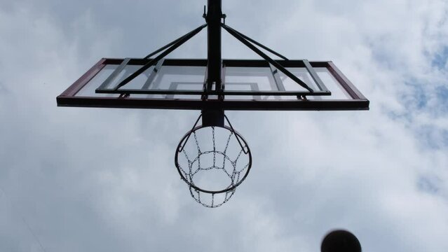 Basketball flies into basket and bounces ricochet past. Closeup cinematic shot