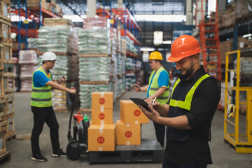 Man portrait happy professional warehouse worker check box stock good package in store worker safety