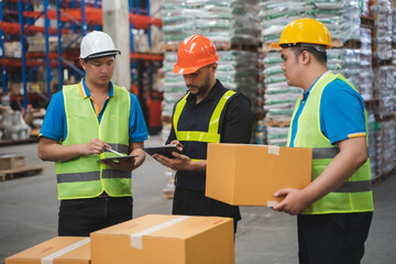 Manager  using tablet Checke-Commerce Online Orders e-businessonline. In store Background Warehouse Retail Center with  boxes global logistics network  Products Delivery Infographics in Logistics