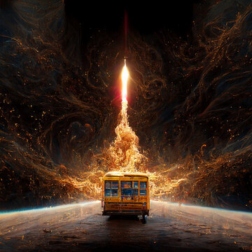 Artistic Illustration Of A School Bus Launching In The Future