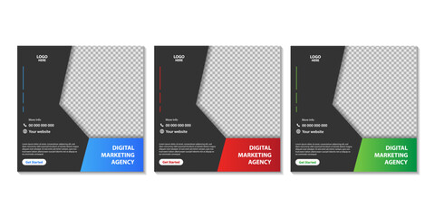 Digital business marketing social media post and web banner. Set of editable square banner templates for promotion, advertising and branding