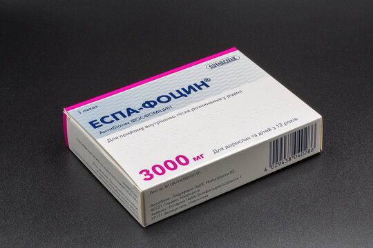 Espa-focyn fosfomycin antibiotic by Esparma, Germany. Closeup on black.