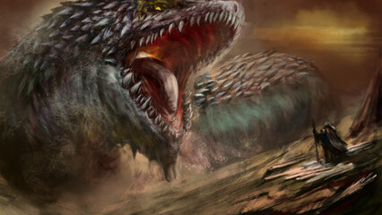 A huge sandworm attacks a wanderer walking through the desert, he has spiked armor on his back. Digital drawing style, 2D illustration © Kalleeck