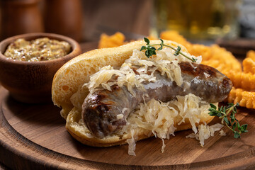 Bratwurst and sauerkraut on a bun